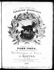 Ornate engraved title page for Canadian Quadrilles piano music, centered on an image of a grand piano framed by laurel wreaths, dated 1847.