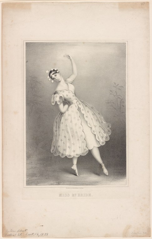 A young female dancer in a white tutu stands en pointe in an arabesque pose against a gray background.