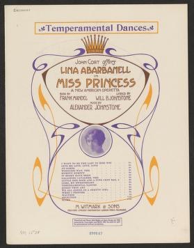 Ornate Art Nouveau theatre programme cover with a crowned woman's profile portrait in a purple medallion, surrounded by gold and orange decorative borders.