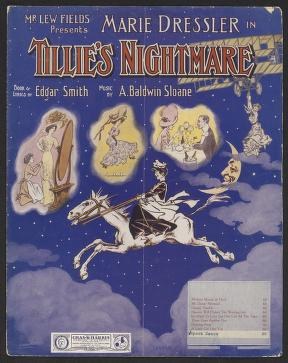 Theatrical poster showing four ethereal female figures in flowing white drapery floating around a rearing white horse against a starlit night sky.
