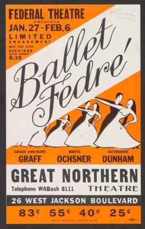 Federal Theatre poster for Ballet Fedre, 1934, showing four female dancers in classical ballet poses arranged diagonally on an orange background.