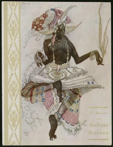 Male dancer in arabesque wearing ornate exotic costume with headdress and patterned skirt, lithographic design for Ballets Russes seventh season.