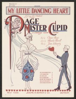 Man in tuxedo reaching toward woman in flowing gown arched backward, red heart in center, art deco lettering above, 1920s sheet music cover.