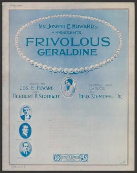 Theatrical poster for Frivolous Geraldine (1912), with ornate beaded frame, four performer portraits, and credits.
