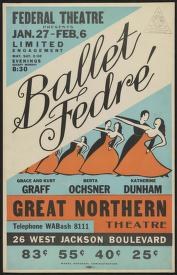 Art deco theater poster advertising Ballet Fedre at the Federal Theatre, January 27 to February 6, featuring four stylized ballet dancers in classical poses