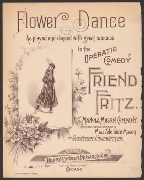 Theatrical poster showing a woman in an 1890s dress with one arm raised, surrounded by decorative floral borders and text advertising the Flower Dance.