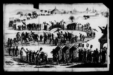An engraving showing a large outdoor gathering of formally dressed figures arranged around pairs of dancers in measured formation, with musicians and pavilions