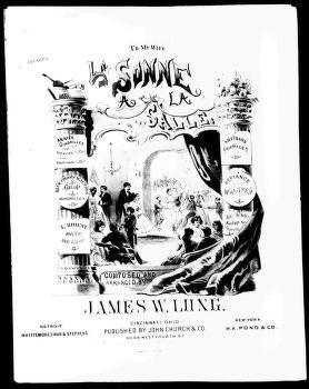 Wood engraving showing multiple couples in formal Victorian dress executing a quadrille in a ballroom setting, framed by ornamental columns.