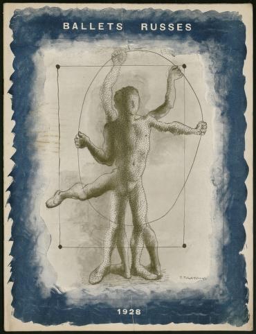 Sepia-toned pen-and-ink study of a male classical ballet dancer in geometric frame, Ballets Russes, 1928