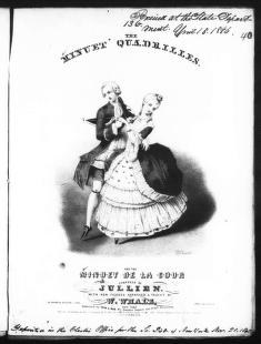 A woman in a high-waisted white Regency gown stands in formal ballroom posture, arms raised, for an 1843 dance instruction engraving.