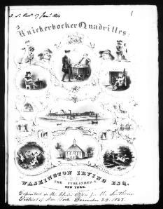 Wood engraving of 'Knickerbocker Quadrilles' (1843) with eight vignettes of figures in ballroom dress surrounding a central landscape scene.