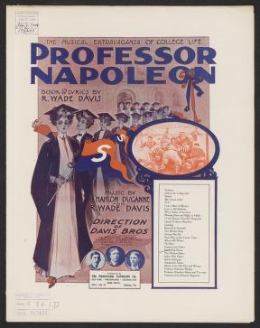 Theater poster showing college students in academic dress on the left and couples ballroom dancing in evening wear on the right.