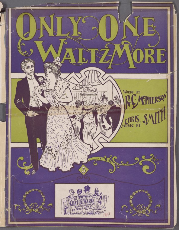 A hand-colored lithograph sheet music cover showing an elegantly dressed couple dancing the waltz in a formal ballroom, surrounded by other dancers in the