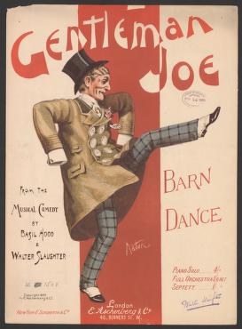 Man in tan jacket and plaid trousers leaps with one leg high and arms spread, top hat tilted, on a sheet music cover titled Barn Dance.