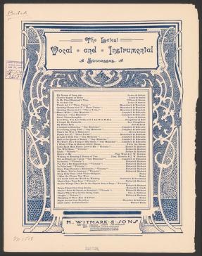Art Nouveau decorative title page of a 1908 music publication, with ornate blue border and typeset contents list.