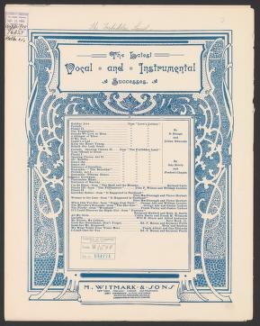Art-nouveau bordered printed page from a music catalogue listing vocal and instrumental compositions, dated 1904.