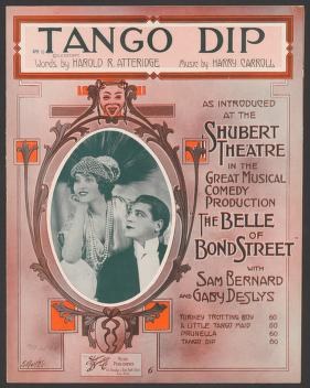Theatrical poster showing a couple in formal dress performing a tango dip; woman arches backward supported by man in upright ballroom frame.