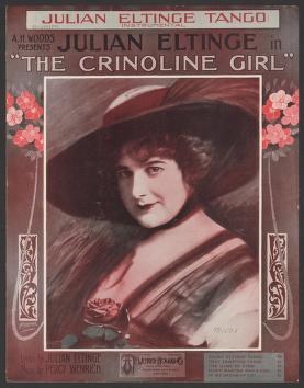 Theatrical poster of Julian Eltinge in elaborate costume and makeup, wearing a wide feathered hat and rose-trimmed striped jacket, circa 1914.