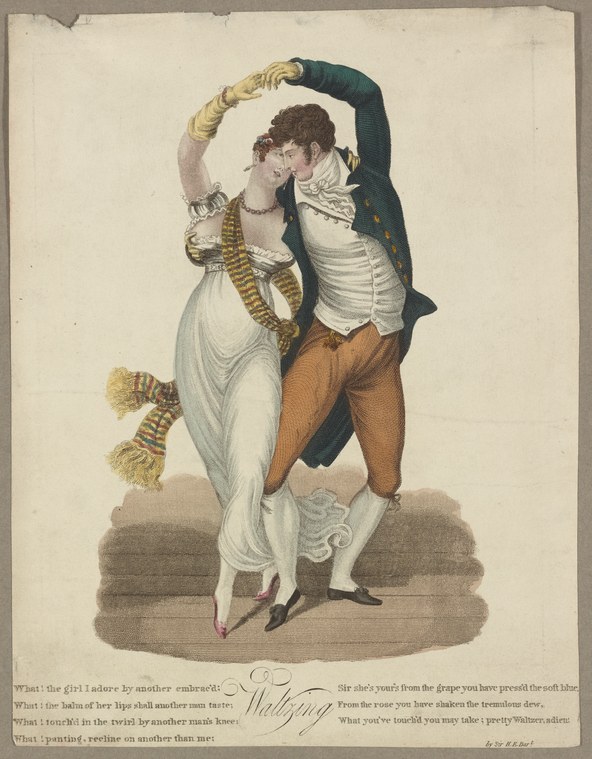 A couple in early 1800s dress in a dramatic waltz pose, the woman arched backward and lifted by her partner in a dark coat.