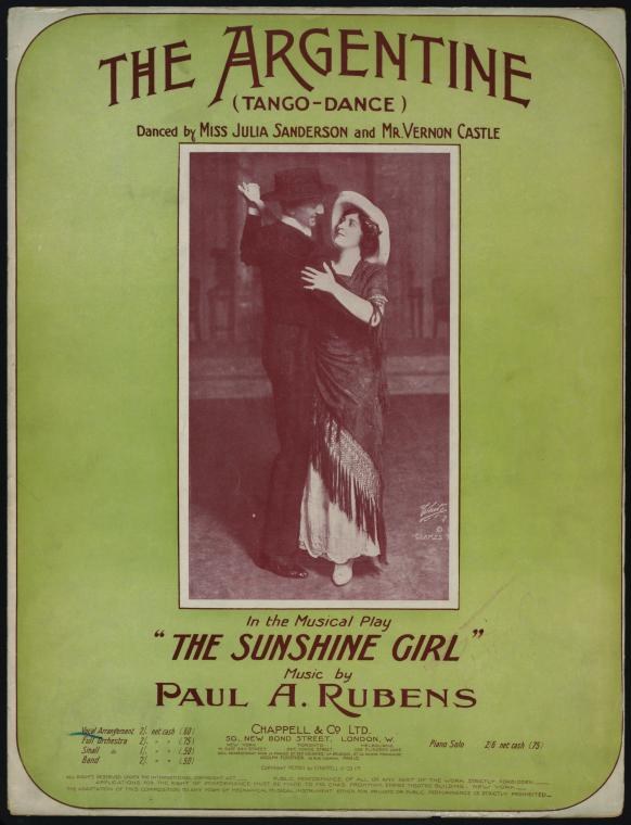 Hand-tinted photograph of two dancers in formal evening dress performing Argentine tango in a closed embrace, theatrical studio setting.