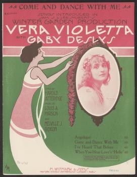 Art nouveau sheet music cover showing a woman in a rose-colored dress dancing beside a photograph in an oval frame.
