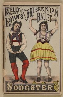 Printed cover showing two figures in stage costume: a man in burgundy jacket and breeches, a woman in tiered yellow skirt, standing separately and frontally.
