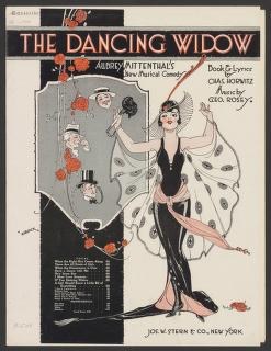 Art Deco illustration of a woman in a black evening dress in a dance pose, with silhouetted dancing couples forming a pattern on the left side.
