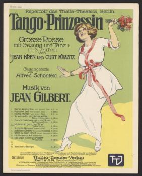 Woman in white gown with red sash, leg extended and arm raised, posed against yellow background. Lithographic theater poster with German text.
