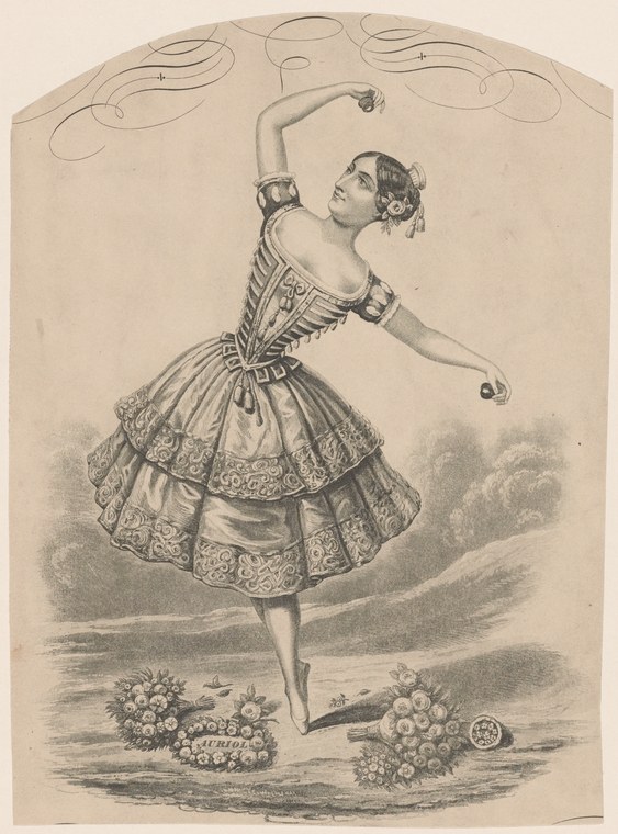 Lithograph of a woman in an ornate tiered ball gown executing an exuberant polka, one leg springing, arms raised, head thrown back.