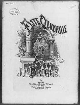 Engraved sheet music cover for Elite Quadrille showing a classical pavilion with small formal figures inside, 1879.