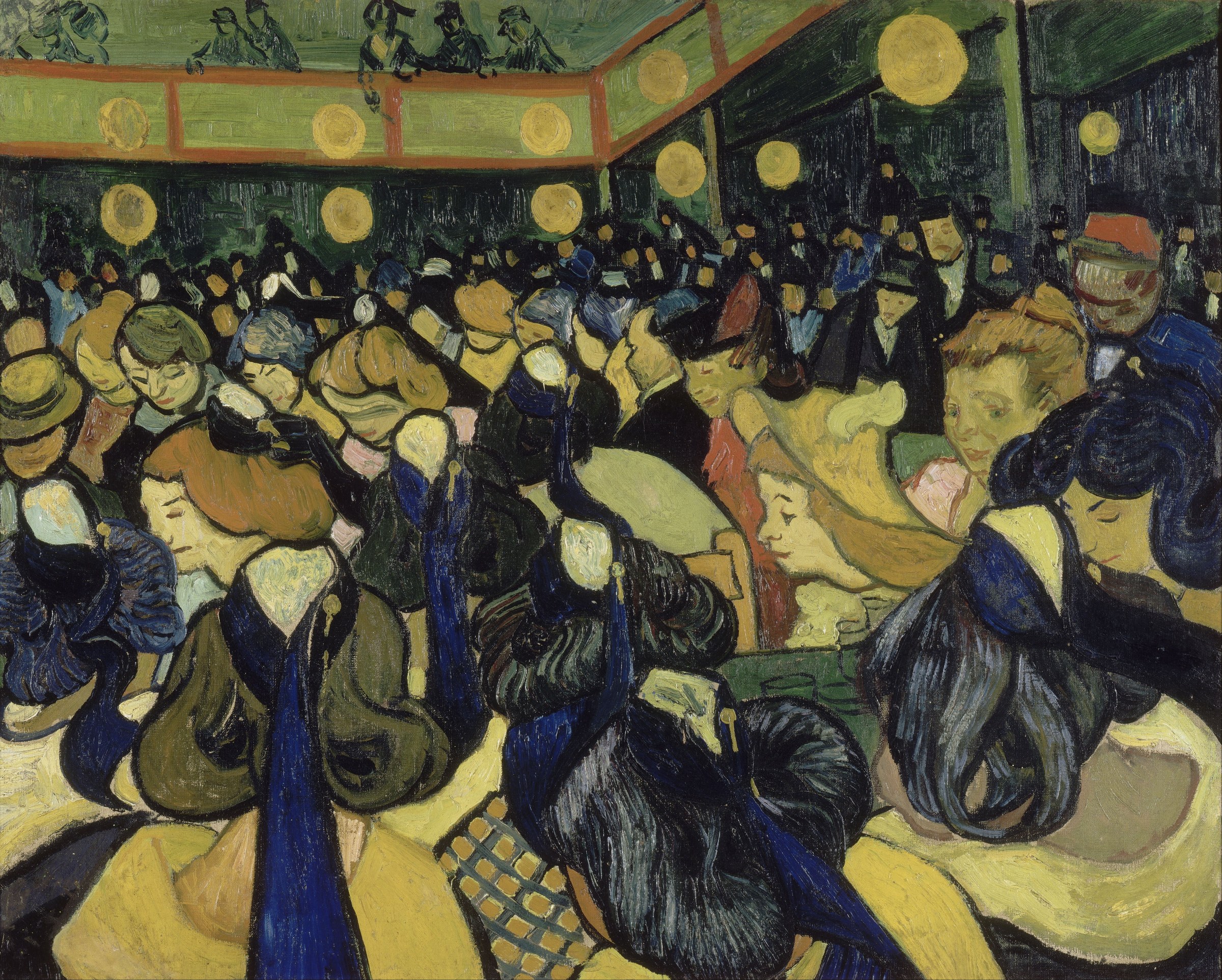 A crowded, warmly lit dance hall with men and women in 1880s dress waltzing in couples under hanging yellow lamps.