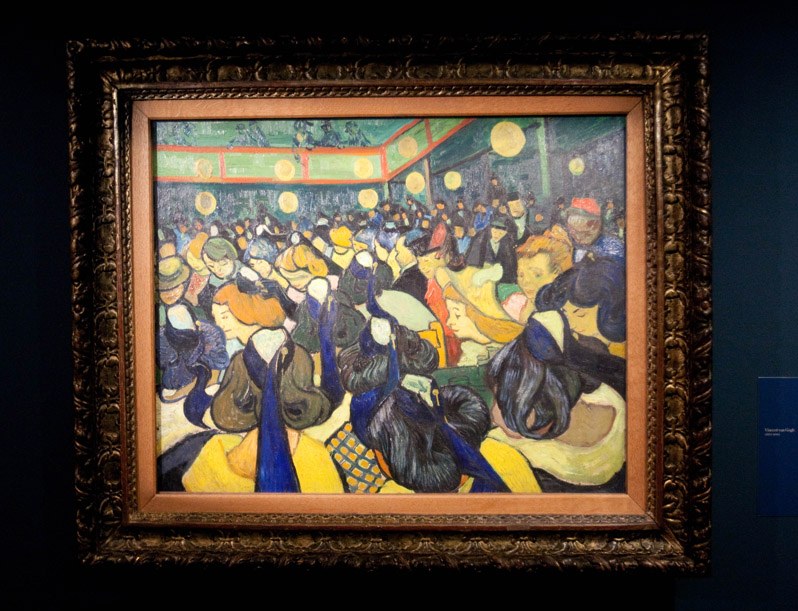 Expressionist oil painting of a crowded dance hall lit by yellow lamps, with couples in dark suits and coloured dresses dancing closely together.