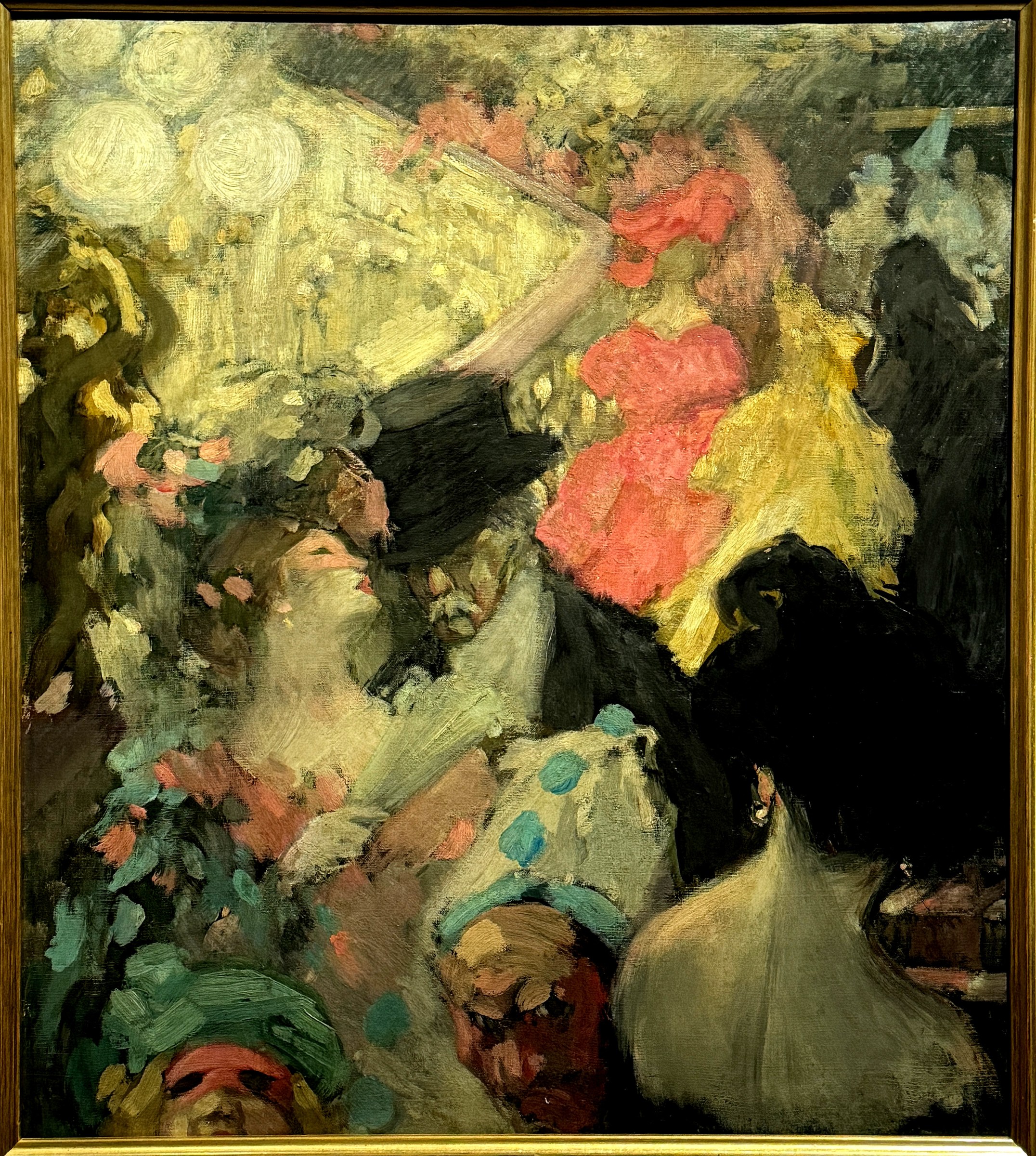 Expressionist oil painting of couples dancing and socializing at a crowded masked ball in warm ochres, greens, and coral red.