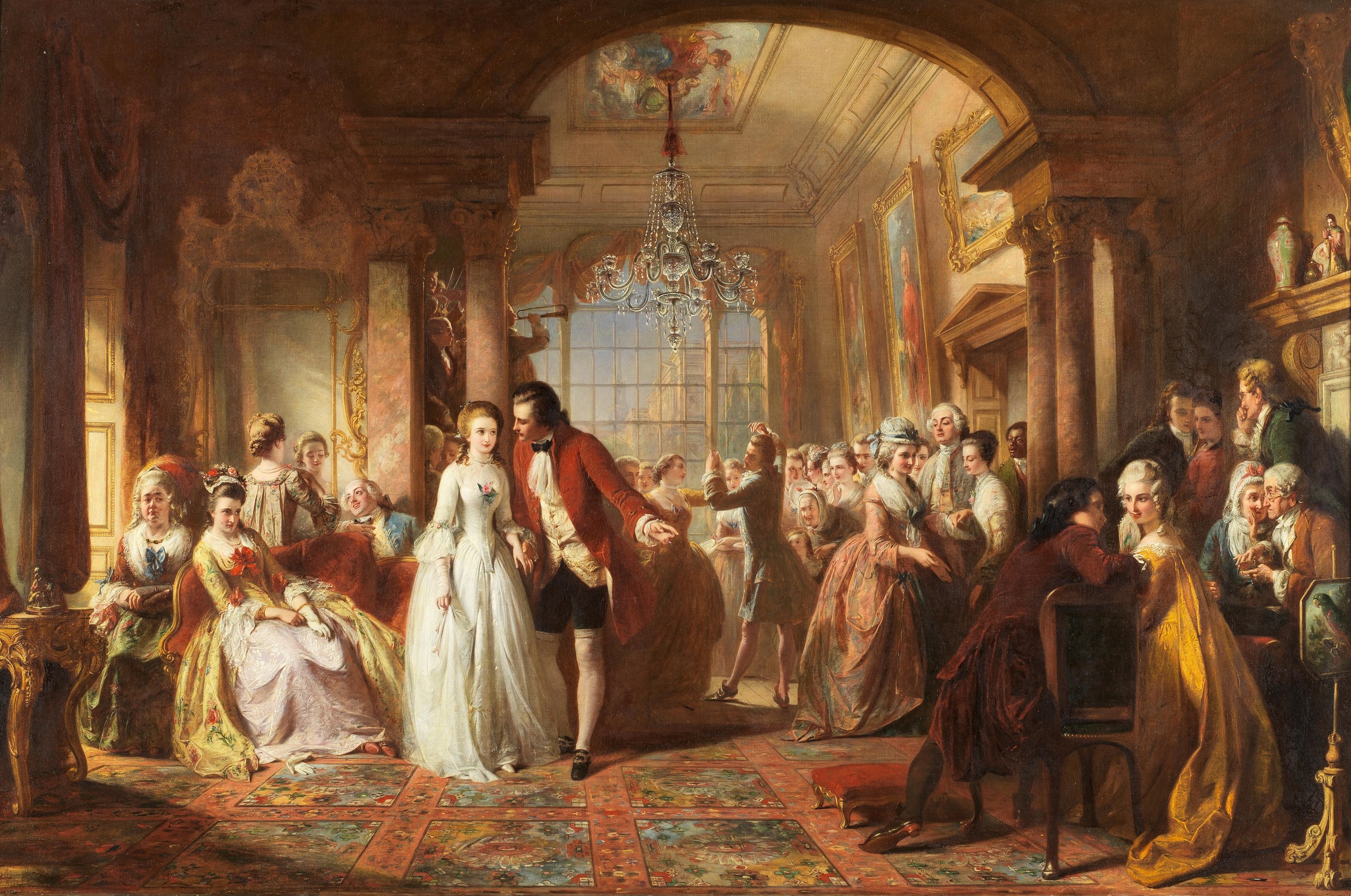 A crowded 18th-century ballroom: a man in red presents a woman in white to the company as onlookers in formal dress observe from around the room.