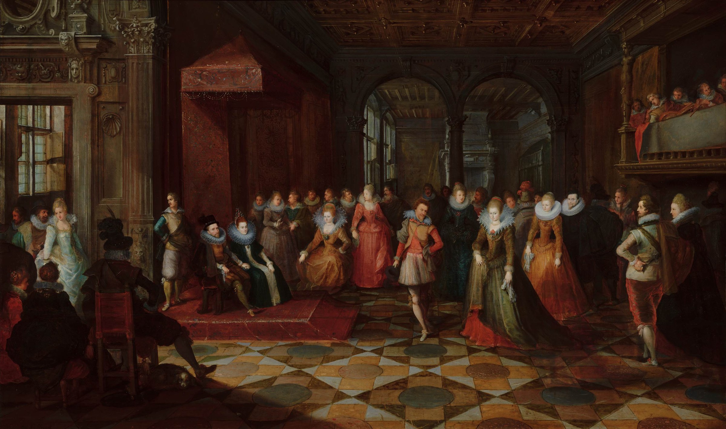 A formal court ball in a palace with geometric tiled floor; couples in Renaissance dress perform a stately dance under a coffered ceiling.