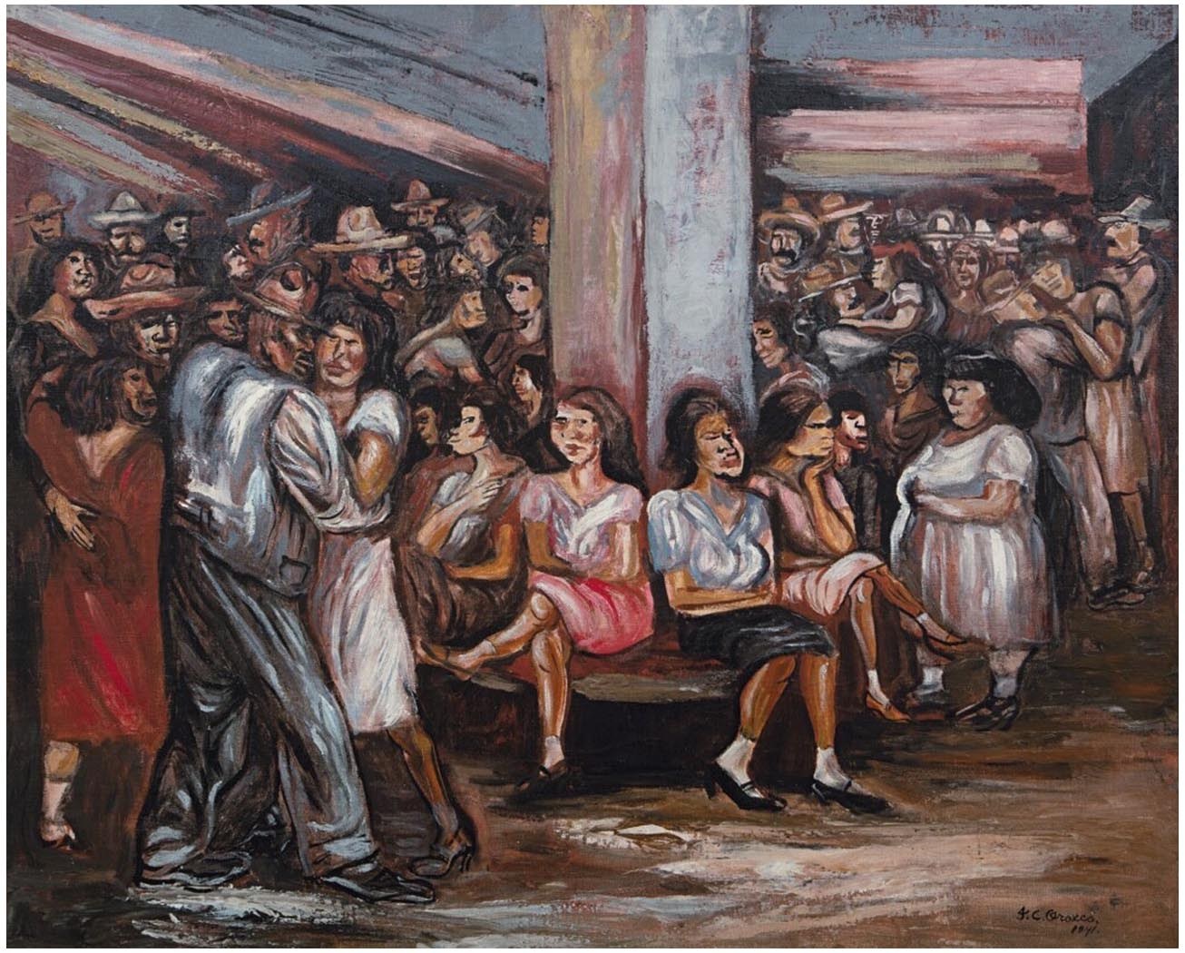 Crowded cantina scene with dozens of figures in cowboy hats and work clothes dancing and socializing around a central pillar, painted in warm expressionist