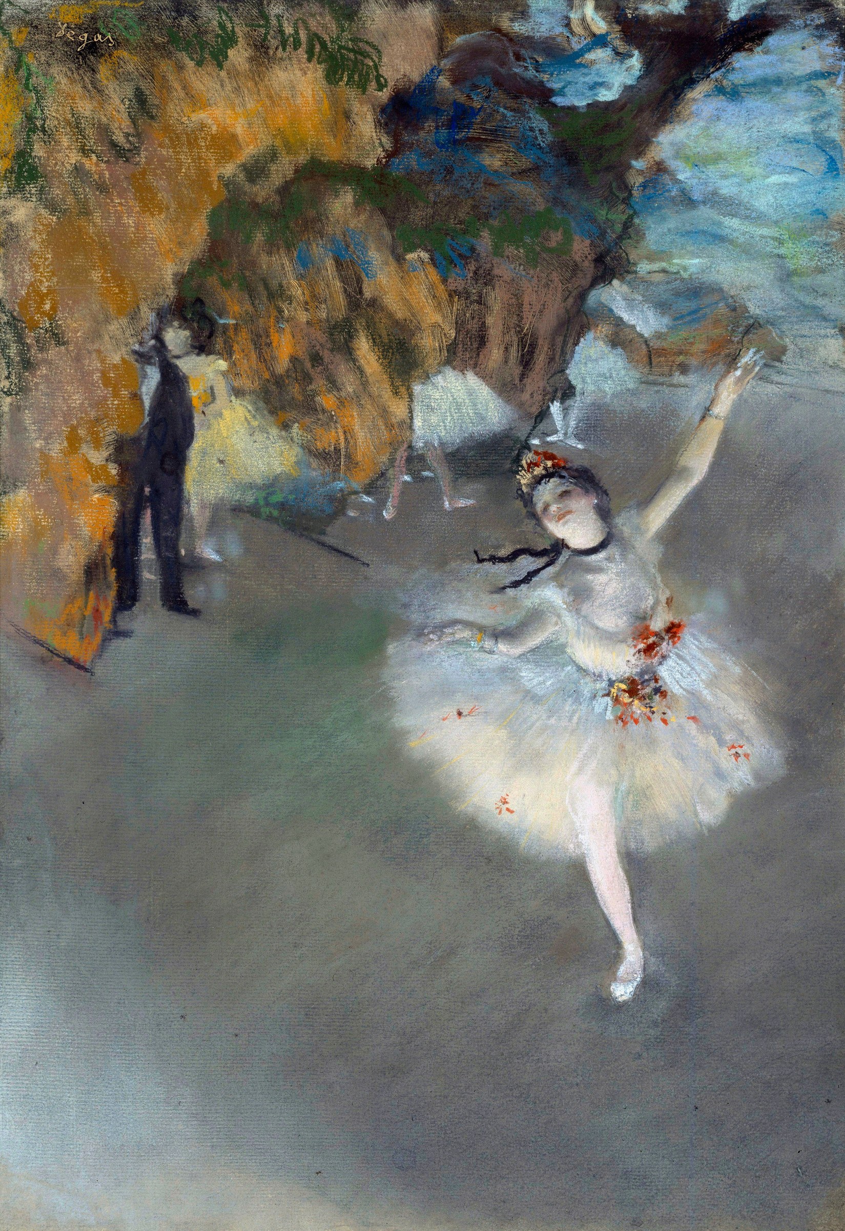 Pastel painting of a ballet dancer in a white tutu with flowers, arched back and arm raised, suspended above a gray stage with painted rock scenery and dark