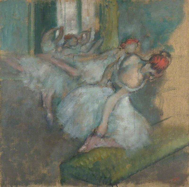 Three ballet dancers in pale tutus stand en pointe in a muted studio, holding classical positions amid soft gray and green tones.