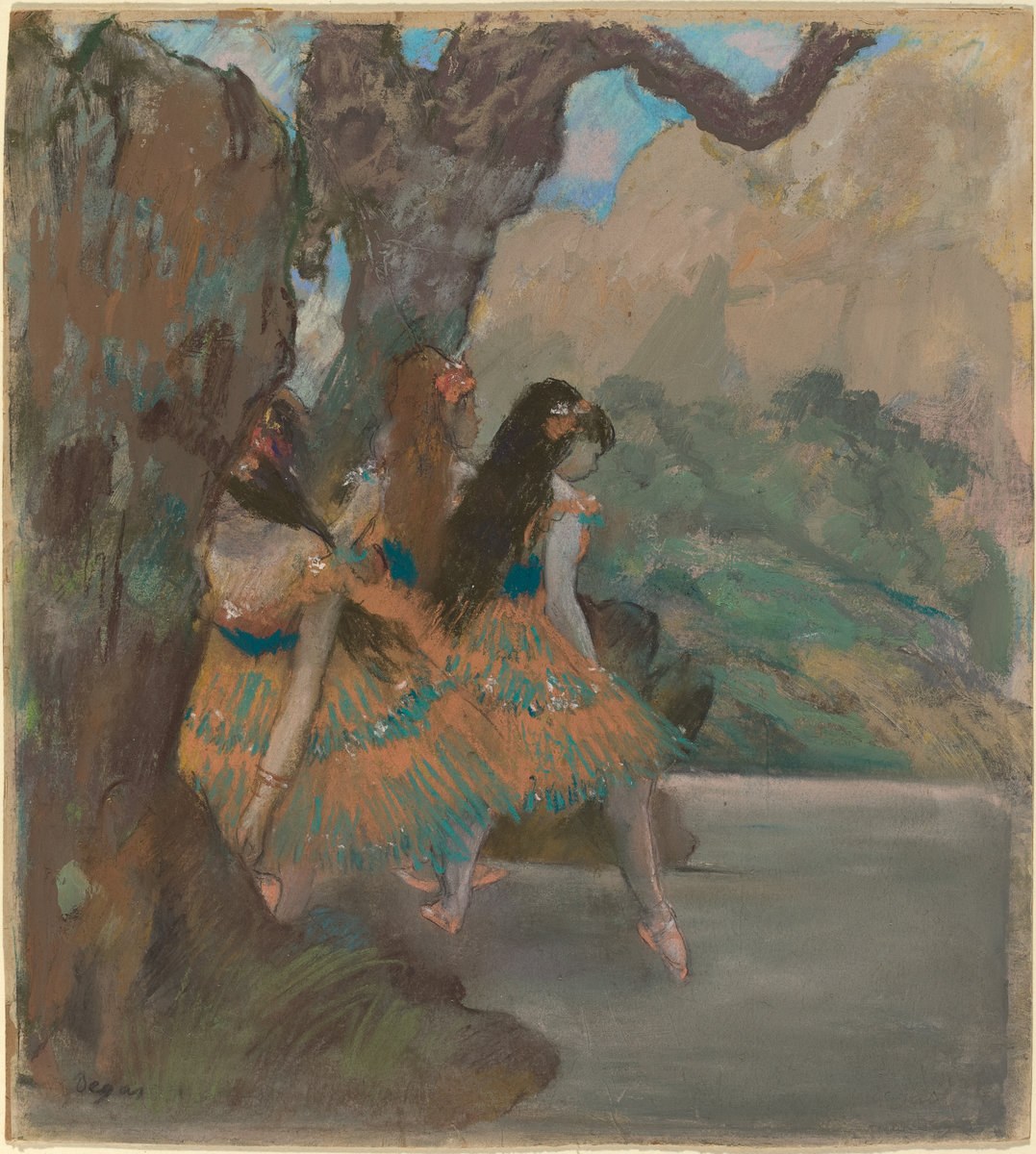 Two ballet dancers in pale tutus and pointe shoes in a studio with a rocky landscape backdrop.