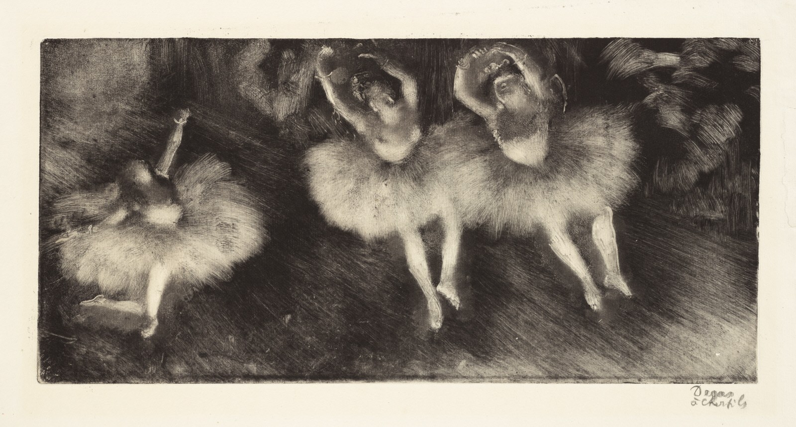 Three female ballet dancers in tutus with raised arms and tilted heads, rendered in dense black etching against a shadowed background.