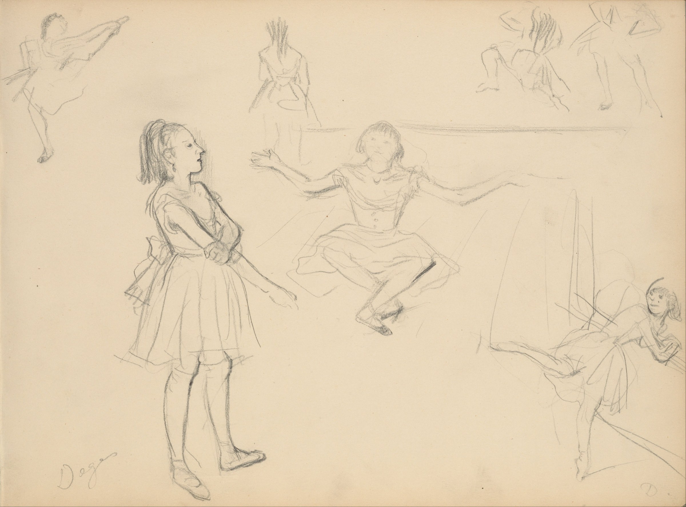 Pencil sketches of ballet dancers in a studio: a young woman in a full skirt standing upright, another seated with arms extended, and marginal studies of
