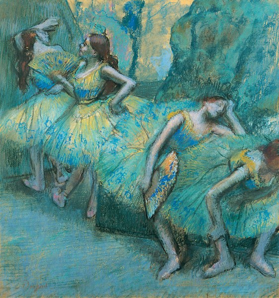 Four young ballet dancers in tutus in a blue-toned studio; one bends forward, two engage in the center, one rests at right.