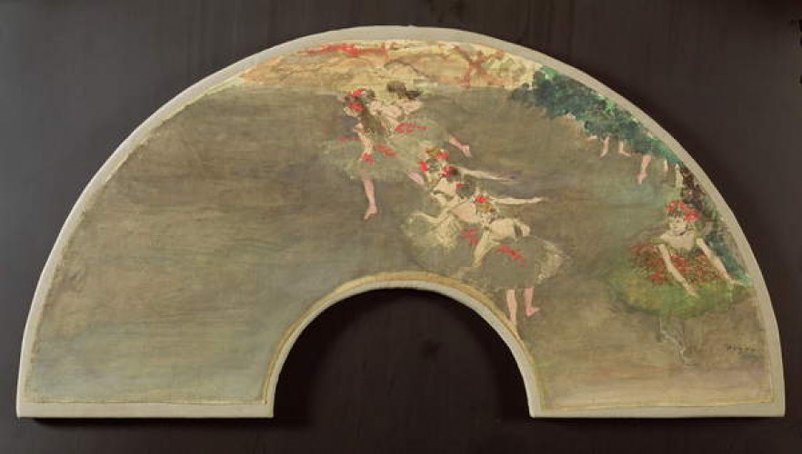 Fan leaf with four pale-tutued ballet dancers in ethereal poses against misty green woodland.