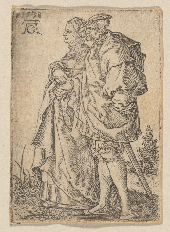 Renaissance engraving of a man and woman in fine dress standing close, the woman holding an infant, neither in dance position.