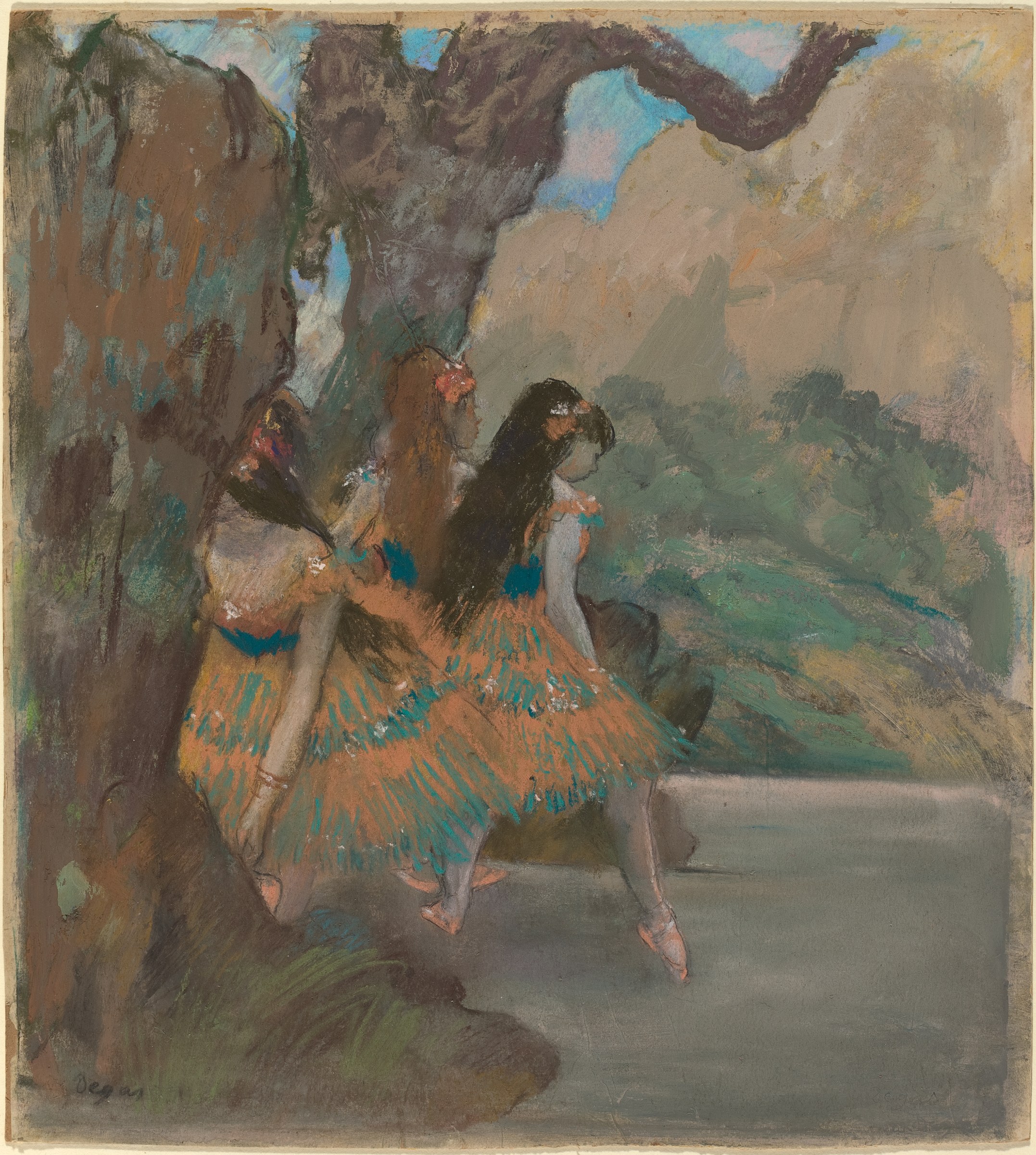 Two female ballet dancers in tutus pose in an rocky grotto, one in arabesque, one reaching toward the stone.