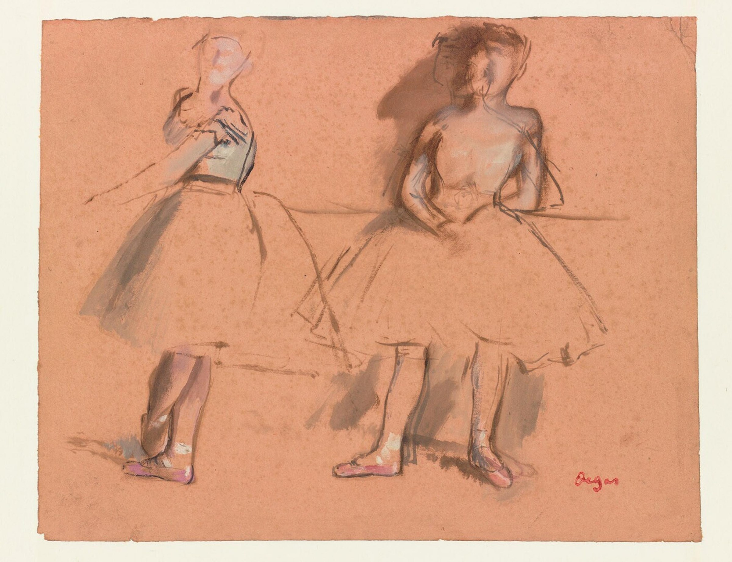 Two young ballet dancers in tutus at the barre, rendered in charcoal and pastel on tan paper.
