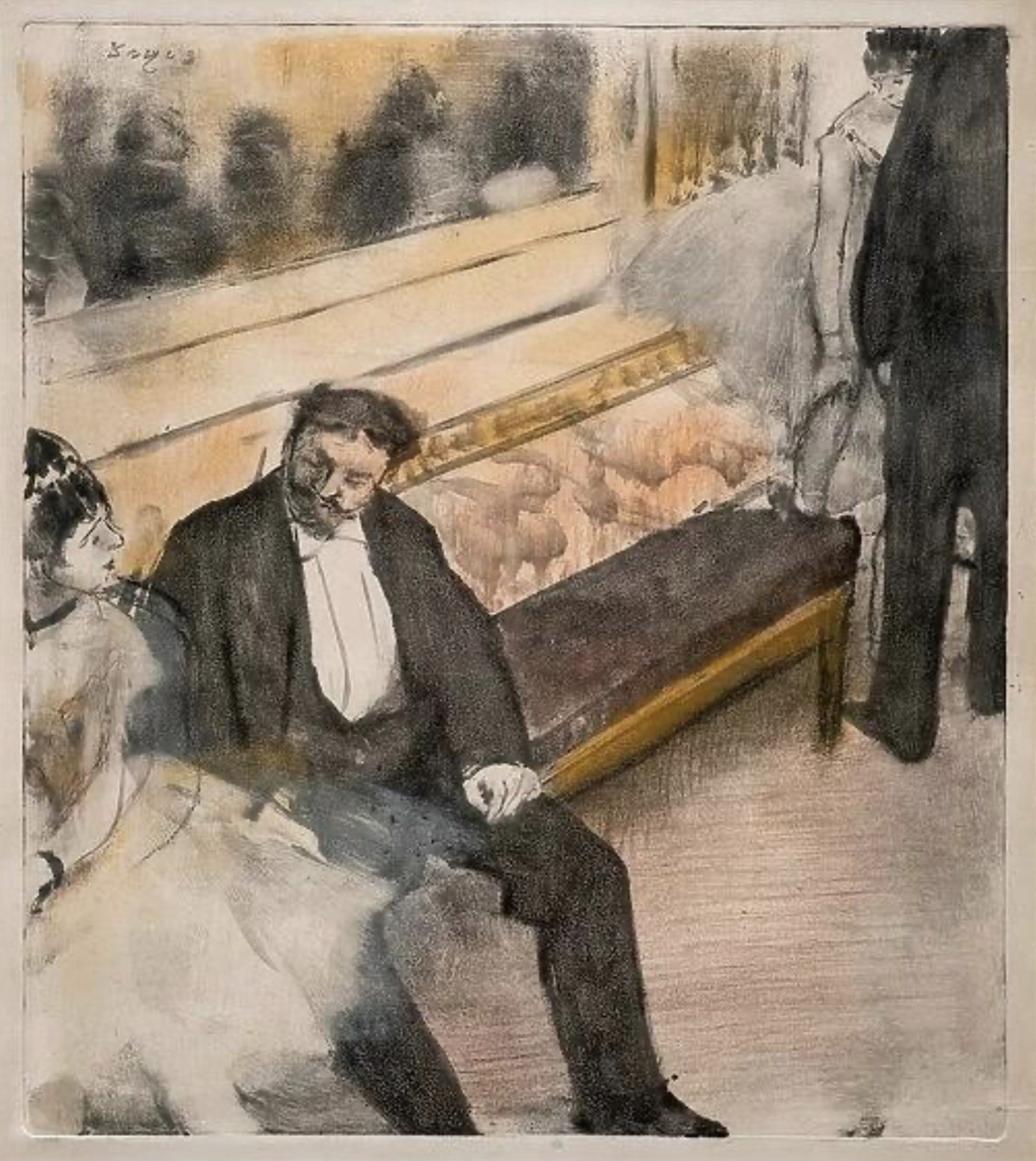 Two dancers and two men in a ballet studio; a woman in a tutu rests on a bench while a man in a tailcoat bends toward her.