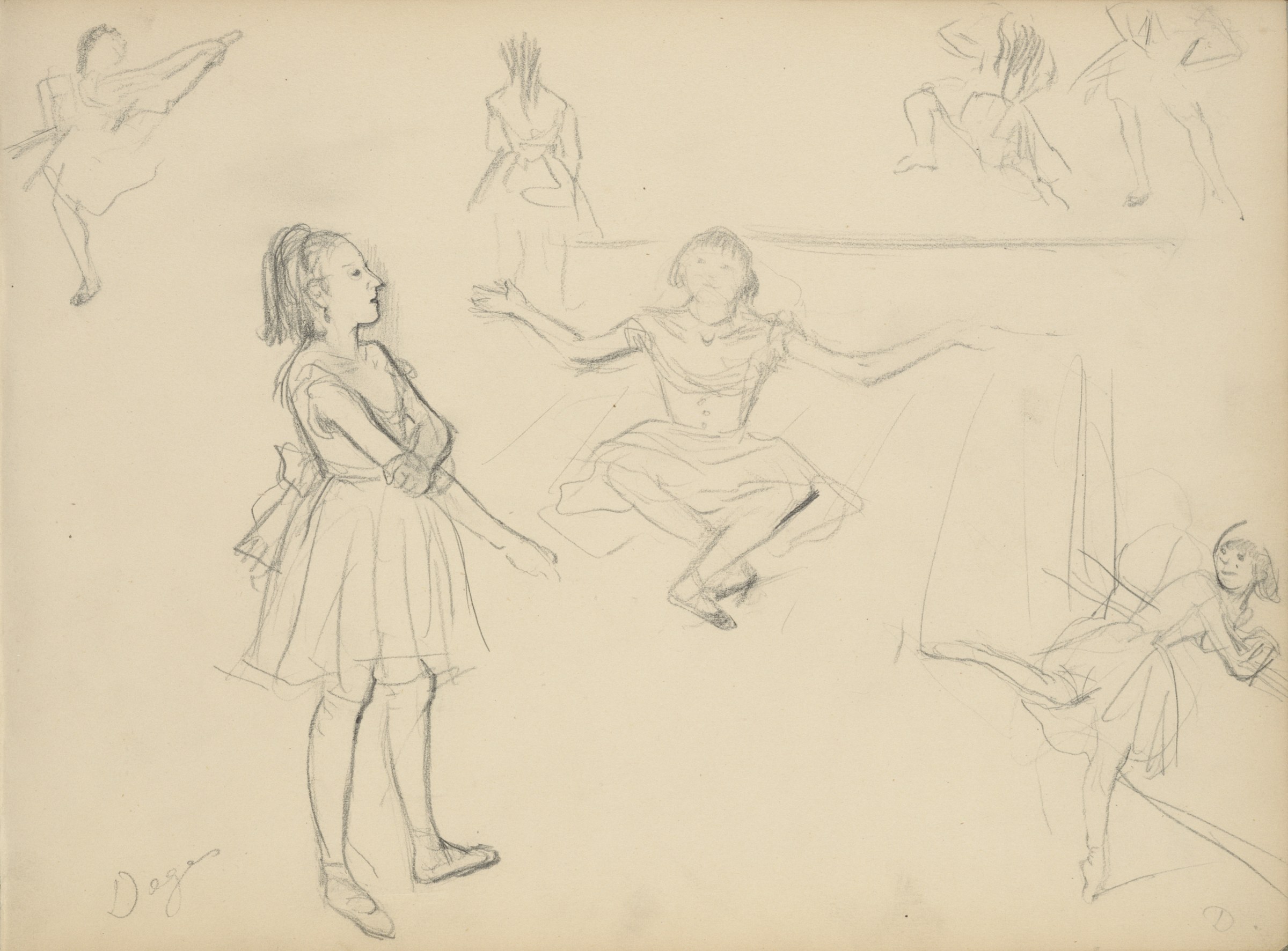 Graphite pencil sketch of a ballet rehearsal with a standing young woman in profile wearing a full skirt and several other dancers indicated lightly around the