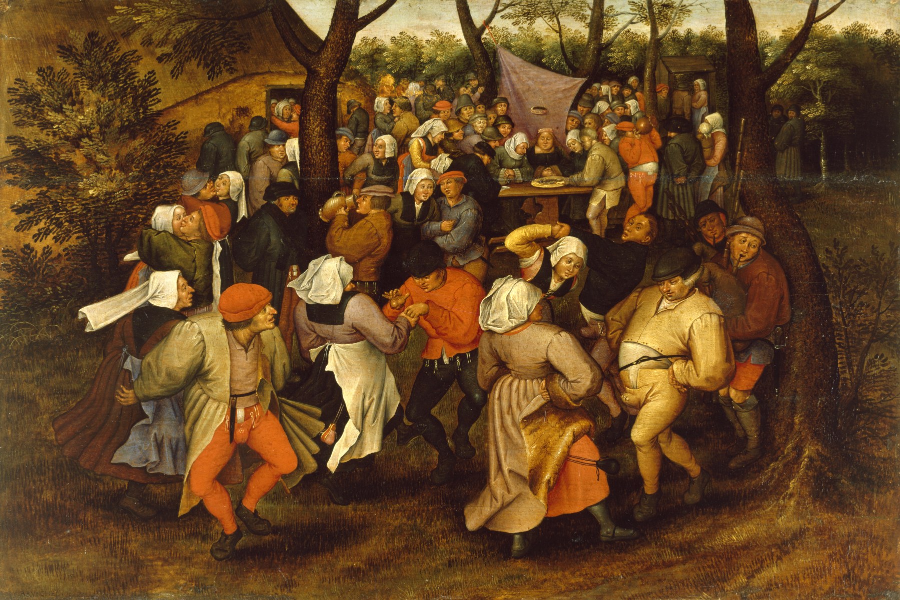 Dozens of peasants dance and feast outdoors in a wooded clearing; men in breeches and women in white caps dance vigorously in the foreground while a piper