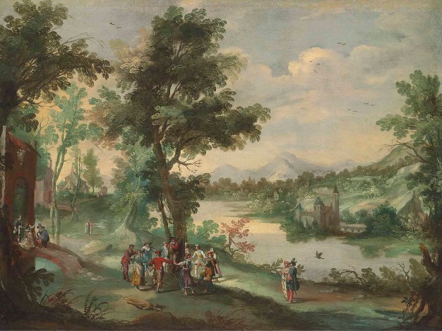 A panoramic river landscape with villagers in small groups dancing, conversing, and making music on the left bank beneath tall trees.